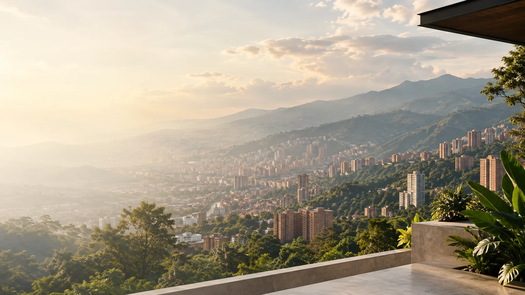 Paisaje urbano y montanas inspirado en Medellin